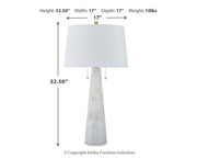 Ashley Furniture Laurellen table lamp set with elegant glass and metal bases, featuring fabric drum shades for stylish lighting.