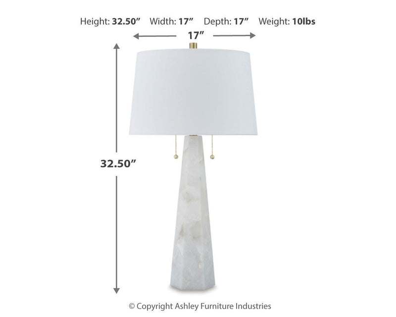 Ashley Furniture Laurellen table lamp set with elegant glass and metal bases, featuring fabric drum shades for stylish lighting.