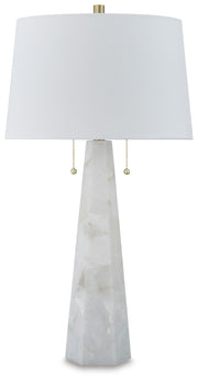 Ashley Furniture Laurellen Lamp Set with two stylish table lamps featuring white shades and decorative bases.