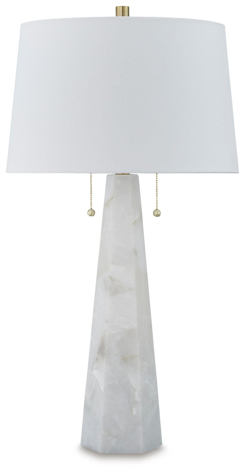 Ashley Furniture Laurellen Lamp Set with two stylish table lamps featuring white shades and decorative bases.