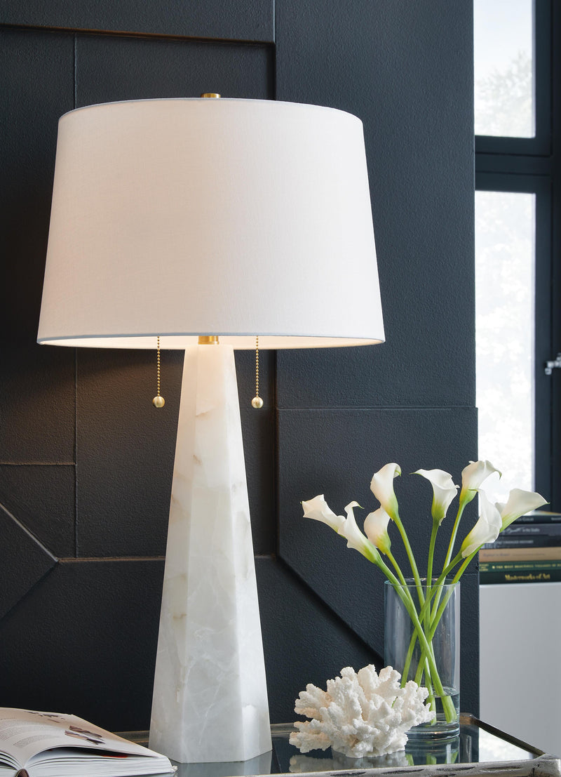 Ashley Furniture Laurellen table lamp set featuring two elegant lamps with fabric shades and decorative bases.