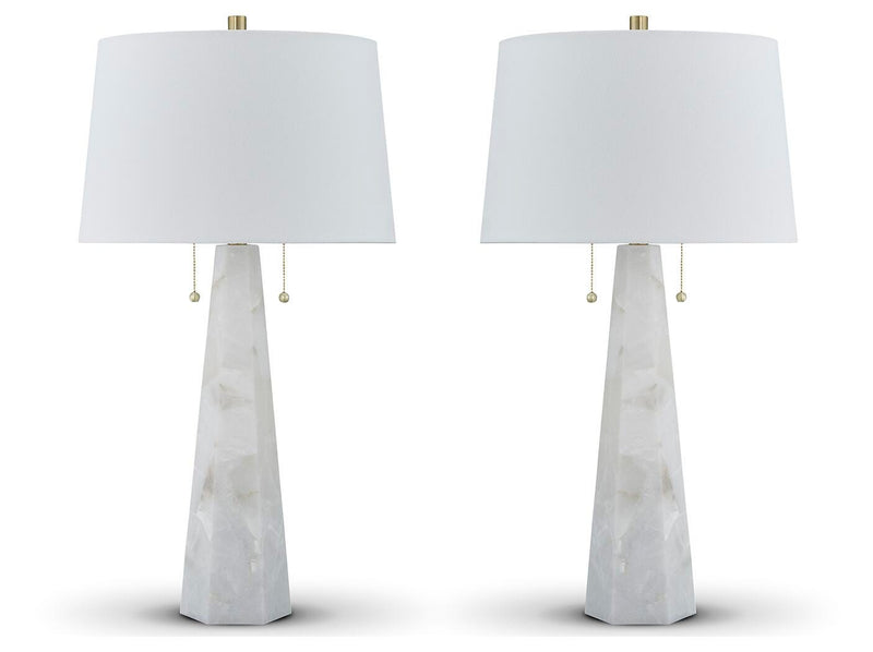 Ashley Furniture Laurellen Lamp Set, stylish table lamps with beige shades and decorative bases, perfect for living room decor.