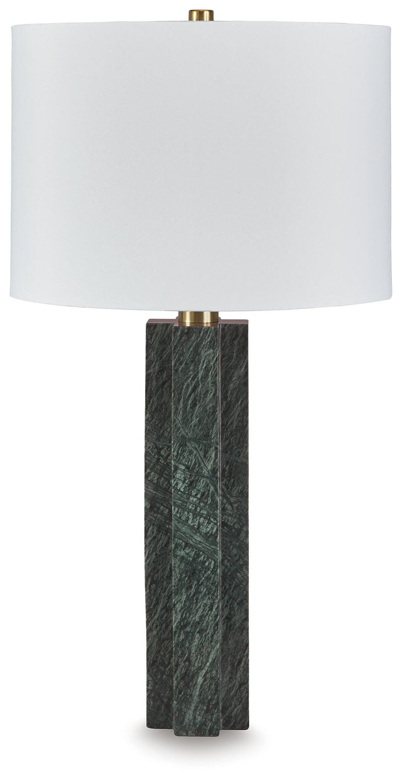 Ashley Furniture Keegan table lamp with a sleek base and fabric lampshade, perfect for modern living room or bedside decor.