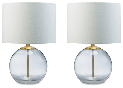 Ashley Furniture Samder table lamp set with two modern beige lamps featuring textured bases and white shades.