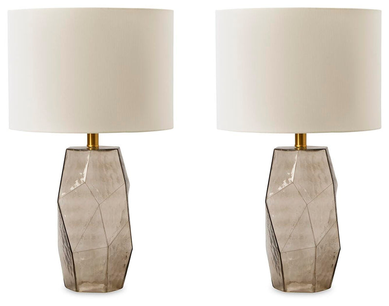 Ashley Furniture Taylor Lamp Set featuring two modern table lamps with beige shades and sleek bases.