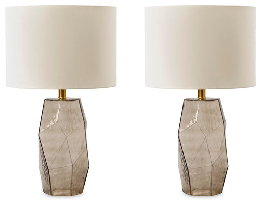 Ashley Furniture Taylor Lamp Set featuring two modern table lamps with beige shades and sleek bases.