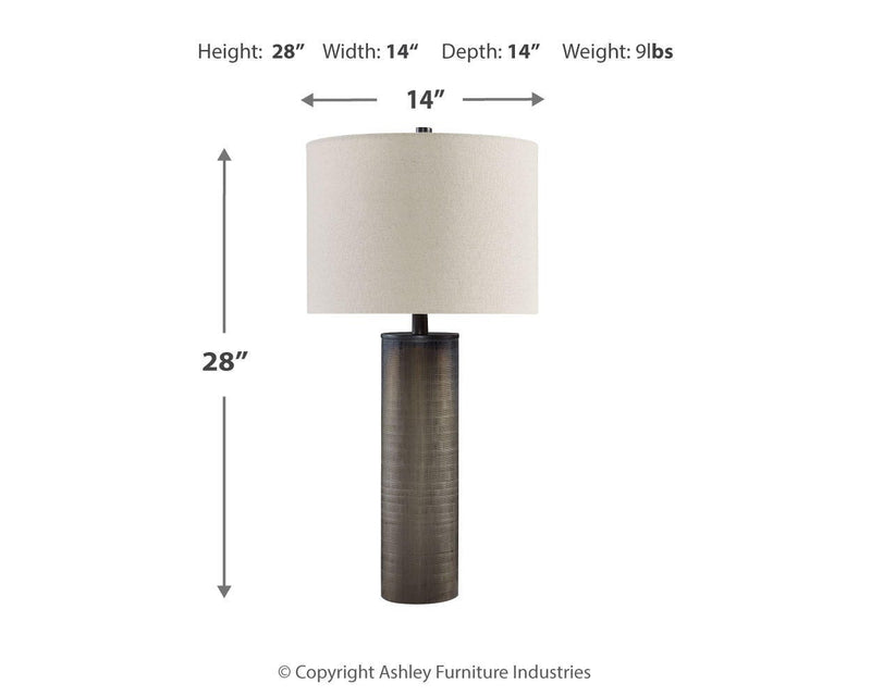 Ashley Furniture Dingerly table lamp set with two elegant ceramic lamps featuring neutral shades and decorative bases.
