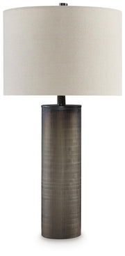 Ashley Furniture Dingerly table lamp set featuring two stylish lamps with beige shades and modern bases.