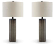 Ashley Furniture Dingerly table lamp set with two stylish lamps featuring neutral shades and elegant bases, perfect for living spaces.