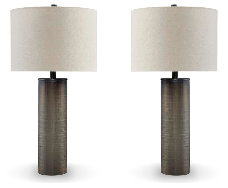 Ashley Furniture Dingerly table lamp set with two stylish lamps featuring neutral shades and elegant bases, perfect for living spaces.