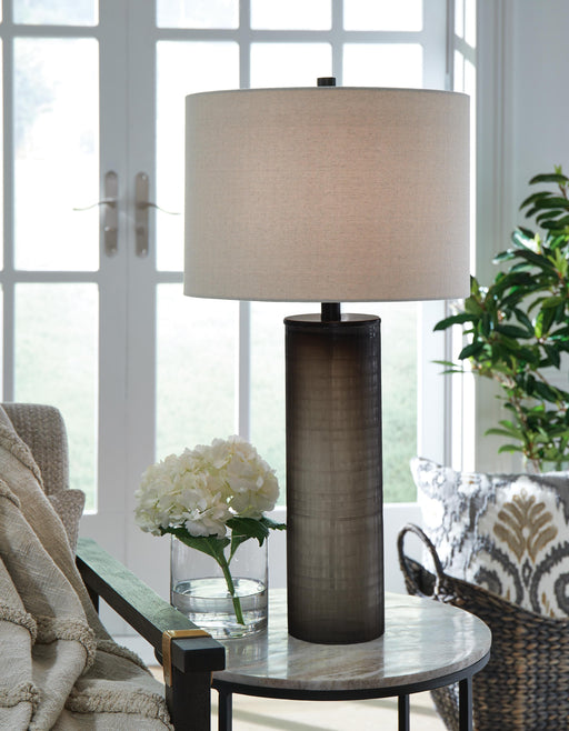 Ashley Furniture Dingerly table lamp set with two modern lamps featuring fabric shades and wooden bases.