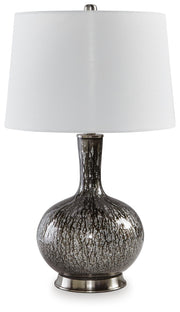 Ashley Furniture Tenslow table lamp set with modern design, featuring two sleek lamps with fabric shades on a wooden surface.