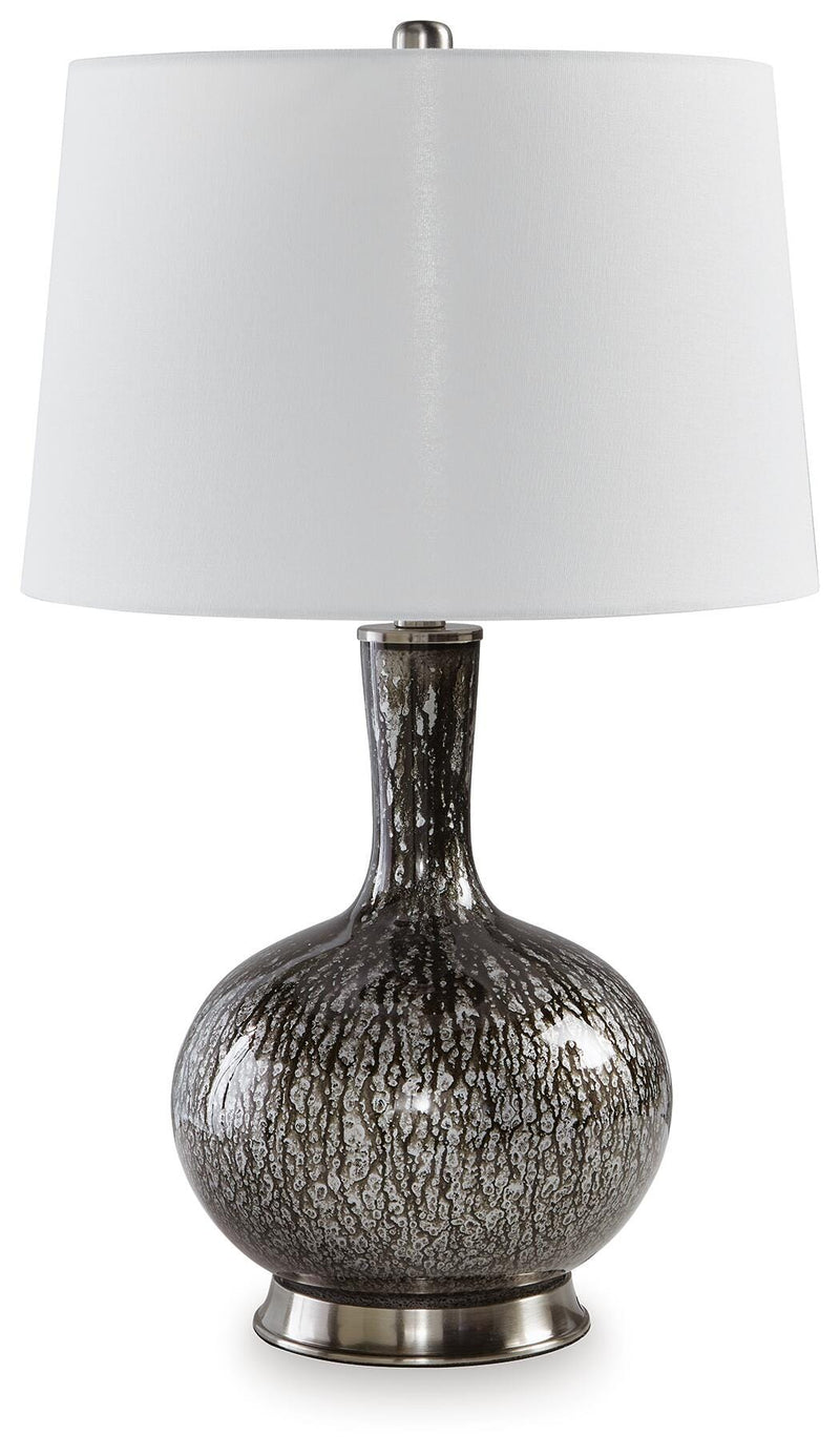 Ashley Furniture Tenslow table lamp set with modern design, featuring two sleek lamps with fabric shades on a wooden surface.