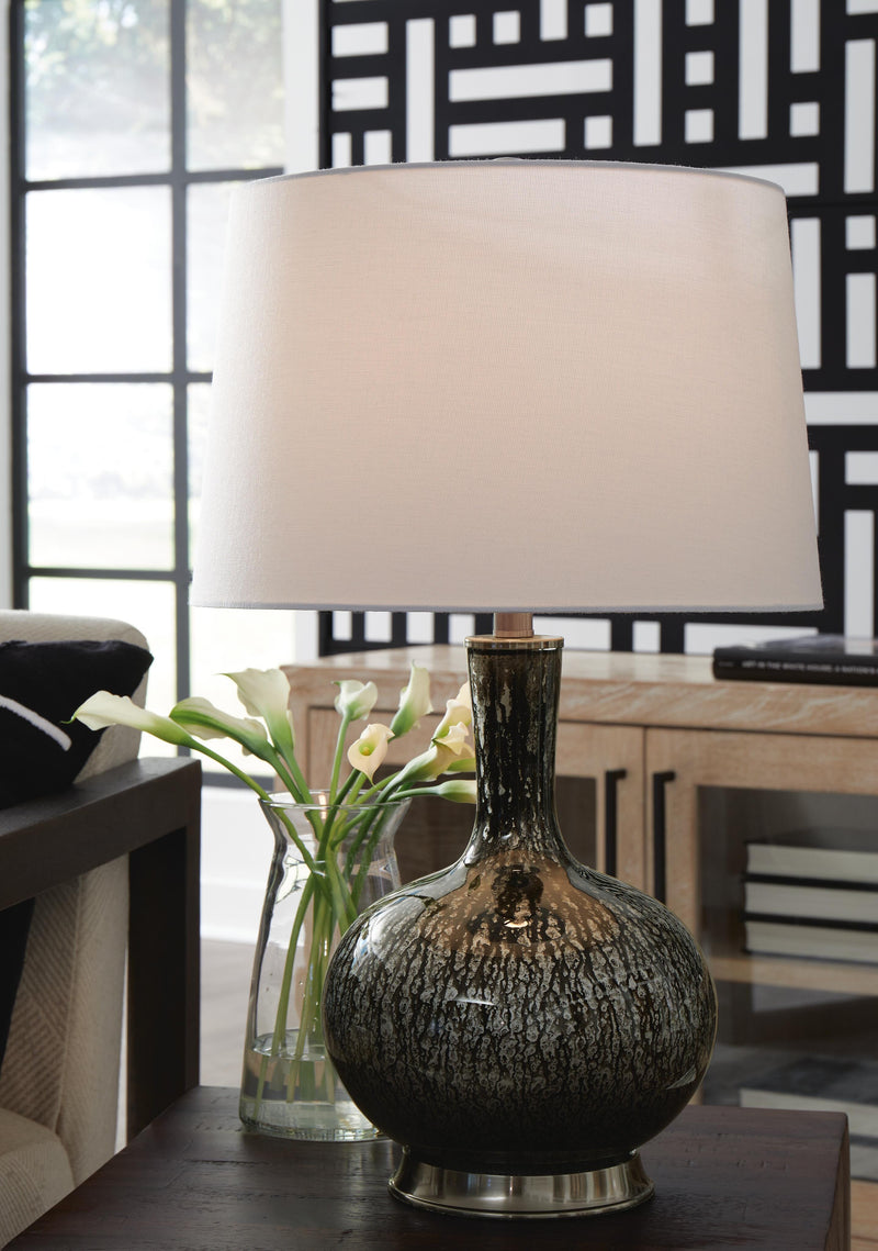 Ashley Furniture Tenslow Lamp Set featuring two stylish table lamps with beige shades and modern bases.