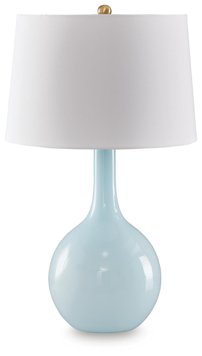 Ashley Furniture Rylanton table lamp with a sleek design, featuring a white lampshade and decorative base.