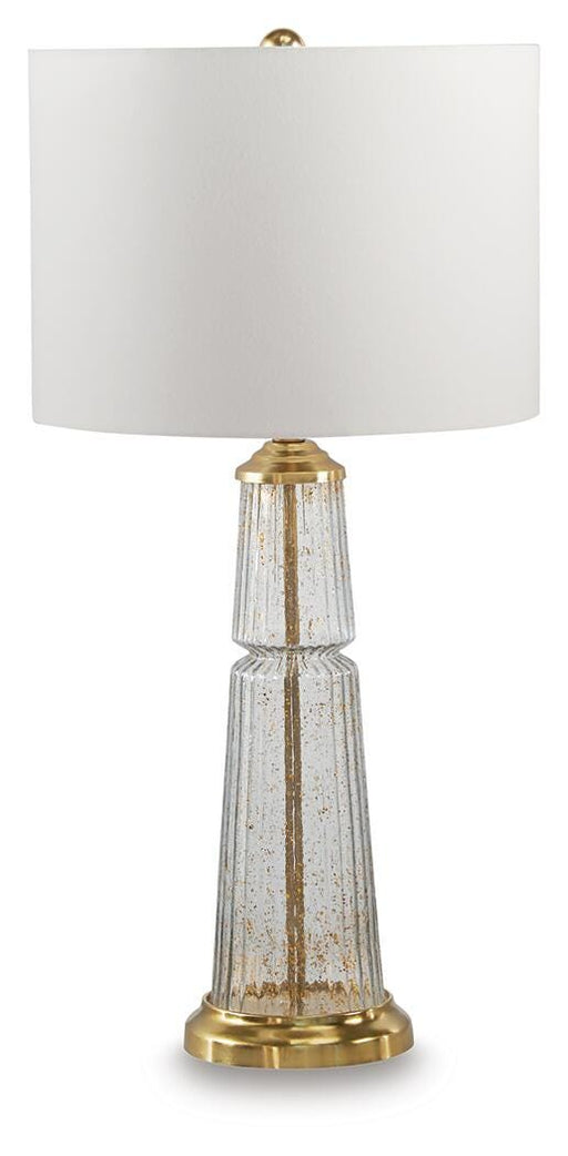 Ashley Furniture Bakersboro table lamp with a classic beige fabric shade and wooden base on a wooden side table.