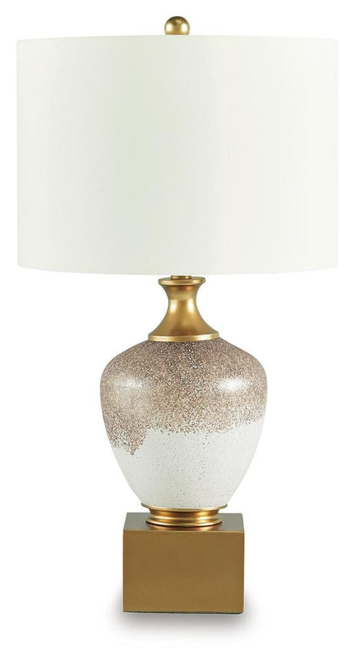 Tavisburg table lamp by Ashley Furniture with a beige fabric shade and decorative base, ideal for living room or bedside lighting.
