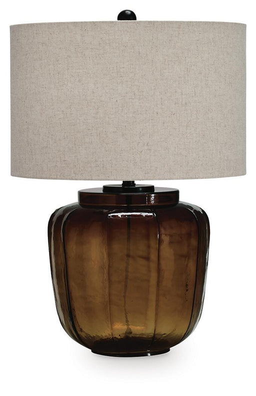 Ashley Furniture Bainmore table lamp with a classic design, featuring a beige fabric shade and a sturdy base.