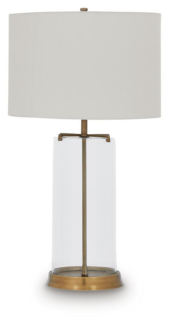 Ashley Furniture Gizeh Table Lamp with a sleek ceramic base and fabric shade, perfect for modern living room decor.