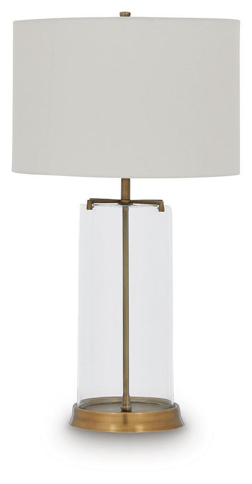 Ashley Furniture Gizeh Table Lamp with a sleek ceramic base and fabric shade, perfect for modern living room decor.