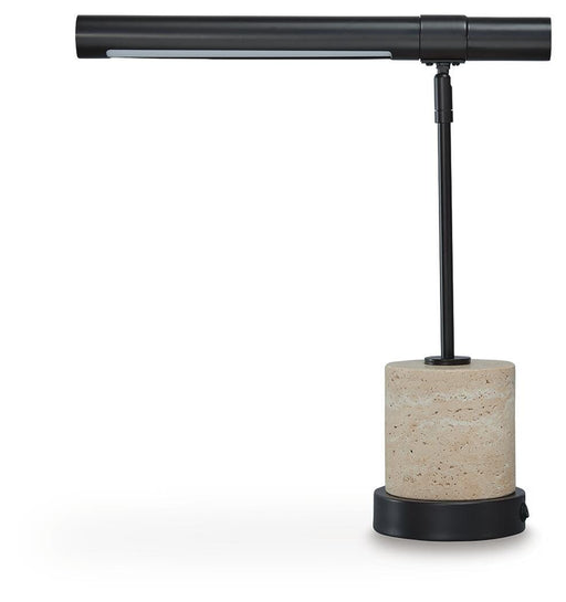 Vinmour table desk lamp by Ashley Furniture with a sleek, modern design and a neutral-colored lampshade.