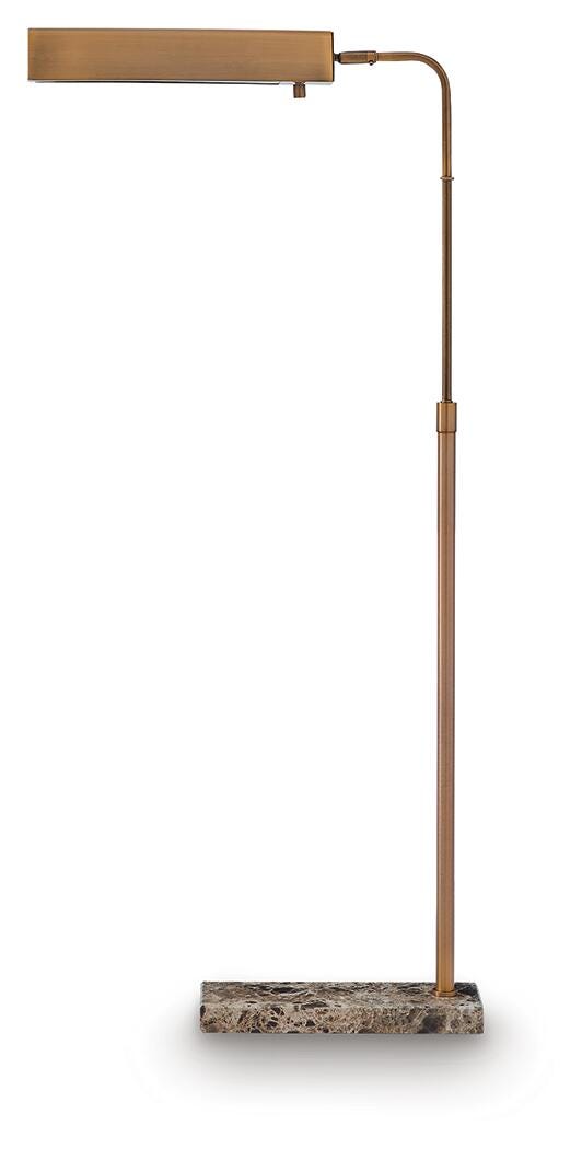 Ashley Furniture Yafe Floor Lamp with a sleek, modern design featuring a tall metal stand and a fabric lampshade.
