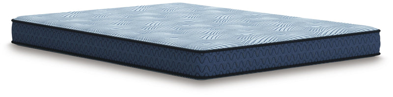 Ashley Furniture Peak 2.0 Bonnell hybrid mattress with layered design, shown from an angled side view, highlighting its plush surface.