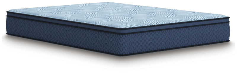 Ashley Furniture Peak 2.0 12 Hybrid Mattress shown from an angle, featuring a plush surface and supportive hybrid design.