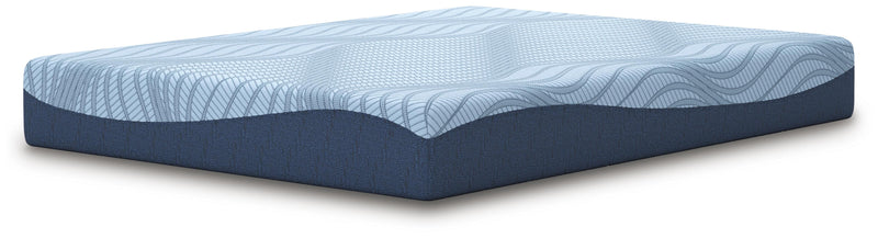 Ashley Furniture Peak 2.0 10-inch memory foam mattress shown from an angle, featuring plush surface and supportive design.