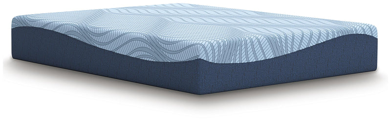 Ashley Furniture Peak 2.0 12-inch memory foam mattress shown from an angle, highlighting plush surface and supportive structure.