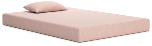 Side view of an iKidz Coral Memory Foam Mattress and Pillow set by Ashley Furniture, featuring a colorful, child-friendly design.