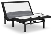 Ashley Furniture adjustable base with lumbar support and audio features, shown in a raised angle with remote control.