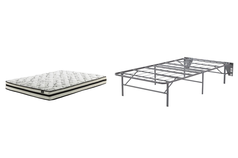 8-inch Ashley Furniture Chime innerspring mattress set with supportive coils and plush fabric, shown on a bed frame.