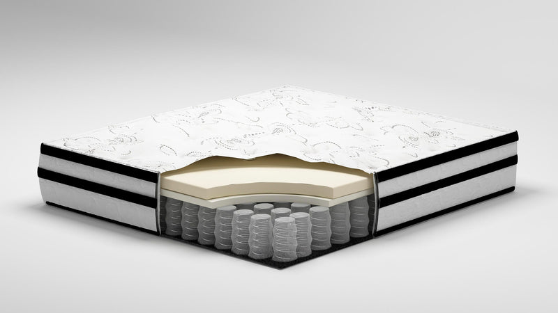 Ashley Furniture Chime 10-inch hybrid mattress in a box, showing layered construction and plush fabric cover.