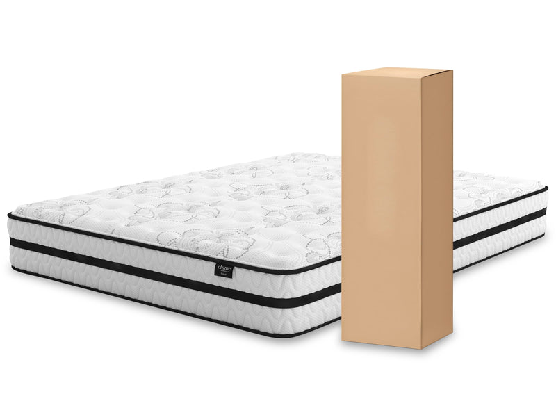 Ashley Furniture Chime 10-inch hybrid mattress set with box spring, showcasing plush fabric and supportive design.