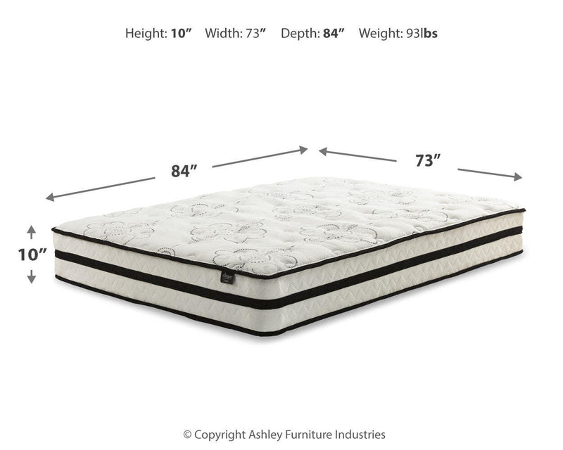 Ashley Furniture Chime 10-inch hybrid mattress set with plush fabric cover and layered foam and innerspring construction.