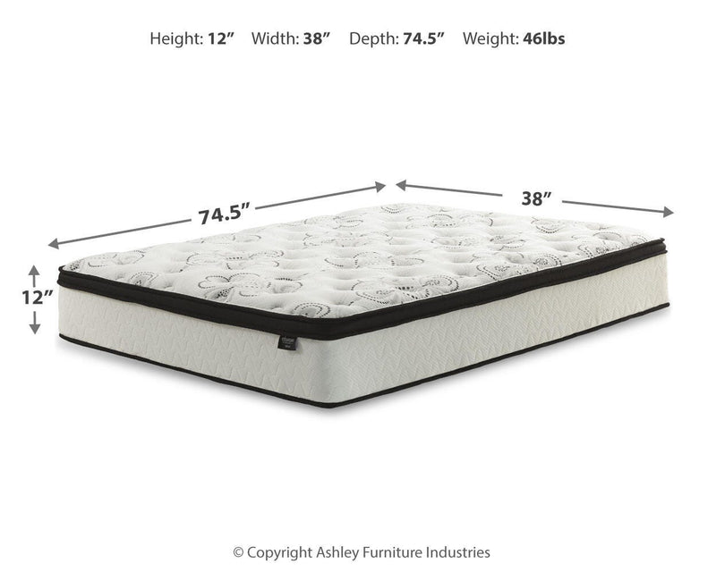 Ashley Furniture Chime 12-inch hybrid mattress in a box, showing the plush, layered design and fabric cover.