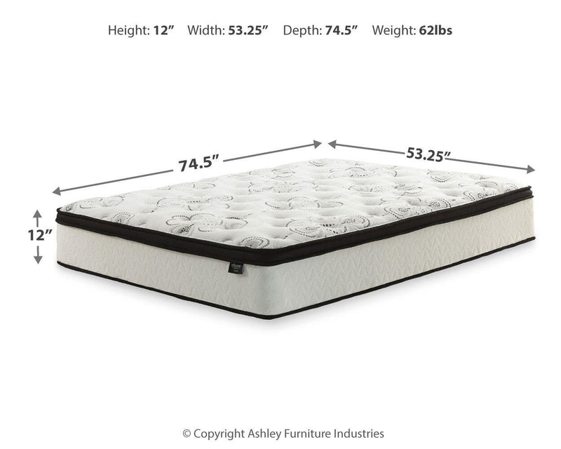 Ashley Furniture Chime 12-inch hybrid mattress in a box, showing the plush fabric cover and layered construction for support and comfort.