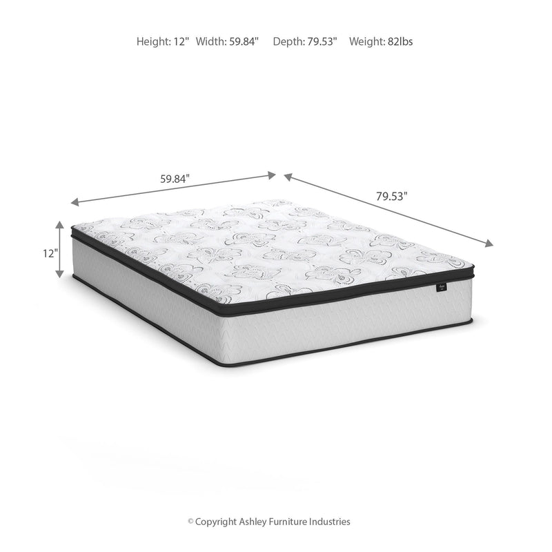 Ashley Furniture Chime 12-inch hybrid mattress in a box, showing the plush surface and supportive design for comfortable sleep.
