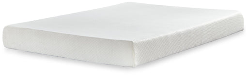 Ashley Furniture Chime 8-inch memory foam mattress in a box, showcasing its plush surface and compact packaging.