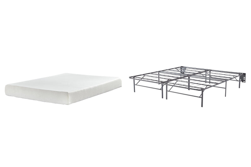 Ashley Furniture Chime 8-inch memory foam mattress set with plush cover, shown in a clean, comfortable bedroom setting.