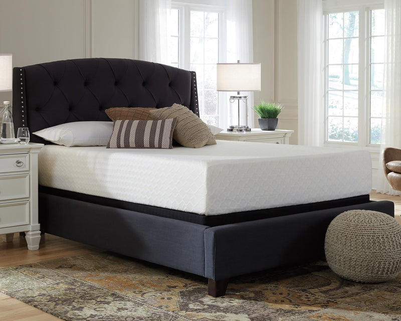 Ashley Furniture Chime 12-inch memory foam mattress in a box, showing plush surface and clean edges on a neutral background.