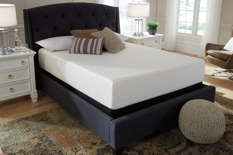 Ashley Furniture 12-inch memory foam mattress in a box, showing plush surface and supportive foam layers.