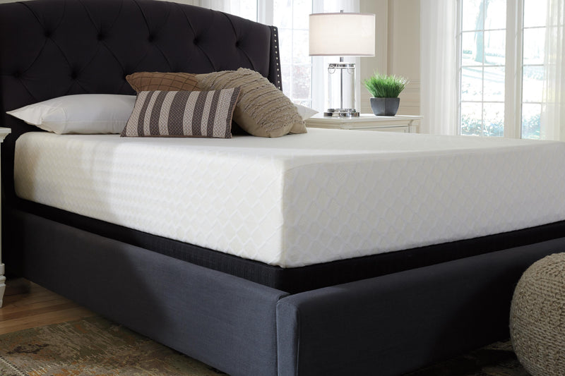 Ashley Furniture Chime 12-inch memory foam mattress in a box, showcasing plush surface and clean design for comfortable sleep.