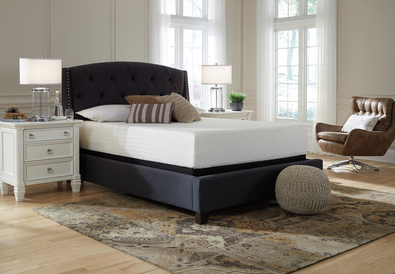 Ashley Furniture Chime 12-inch memory foam mattress in a box, showing the plush surface and sleek design for comfortable sleep.