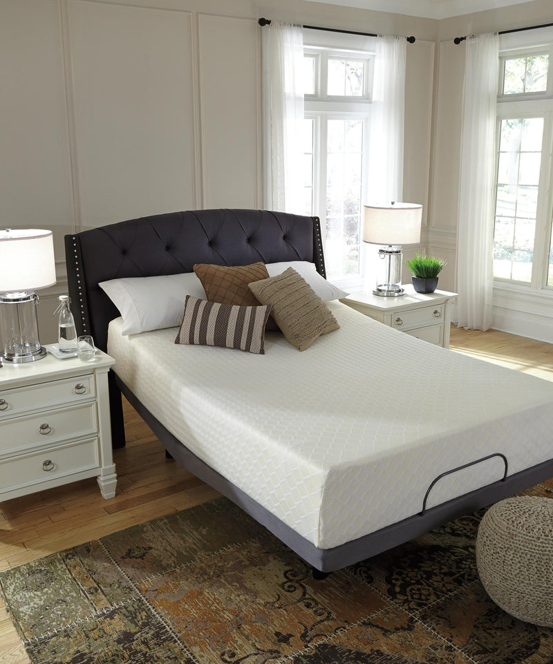 Ashley Furniture Chime 12-inch memory foam mattress in a box, showing plush surface with stitched edges and supportive foam layers.