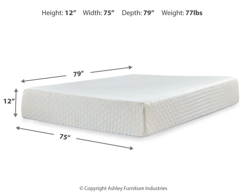 Ashley Furniture Chime 12-inch memory foam mattress in a box, showing the plush, white memory foam surface and supportive edges.