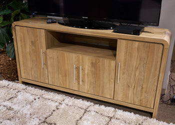 Ashley Furniture Dovander 63-inch TV stand entertainment center with open shelves and storage compartments.