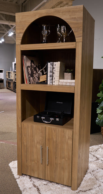 Ashley Furniture Dovander display cabinet with glass doors and wooden shelves, showcasing elegant storage and display space.