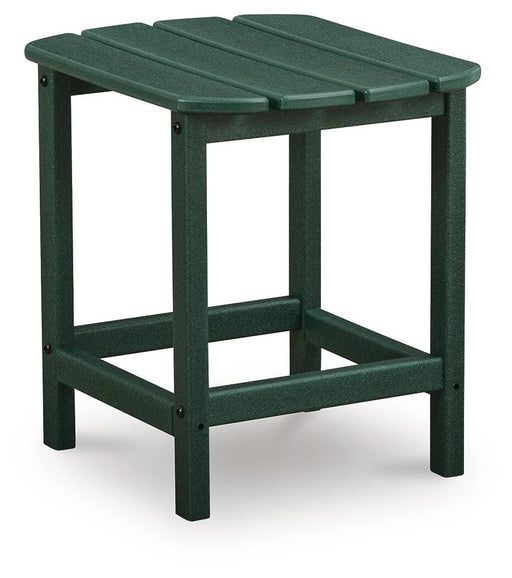 Ashley Furniture Sundown Shores outdoor end table with slatted design and sturdy frame, perfect for patio or garden decor.